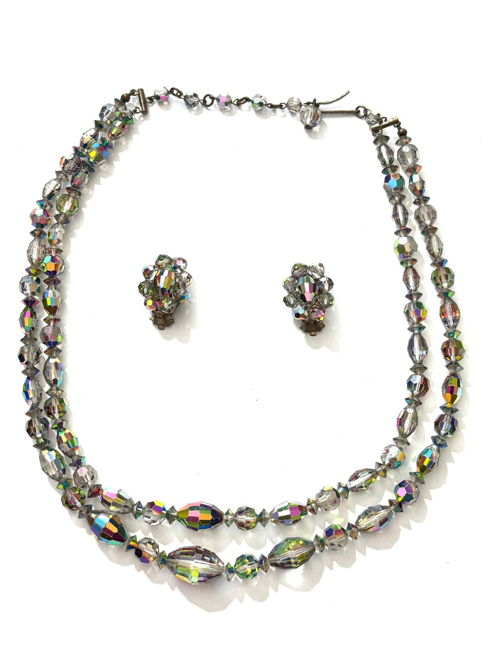 Vintage 1950s Aurora Borealis AB Crystal Double Strand Necklace Earrings Set